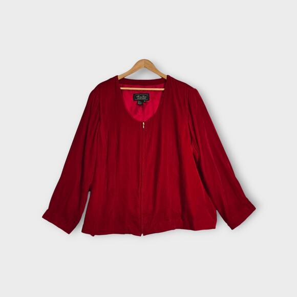 Terry Lewis Velvet Jacket Sz 3X Red Zip Front Long Sleeve Lined Holiday Festive - Picture 1 of 13